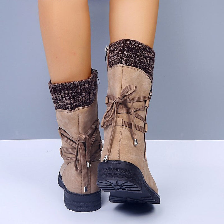Vintage Knit Cuff Lace-Up Mid-Calf Boots