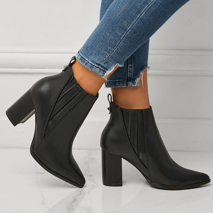 Classic Pointed Toe Block Heel Ankle Boots
