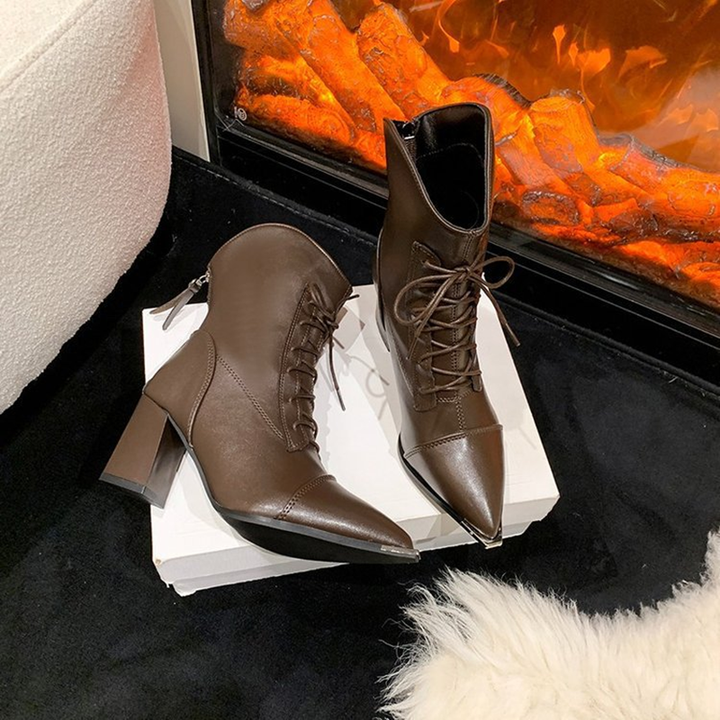 Pointed Toe Lace-Up High Heel Ankle Boots