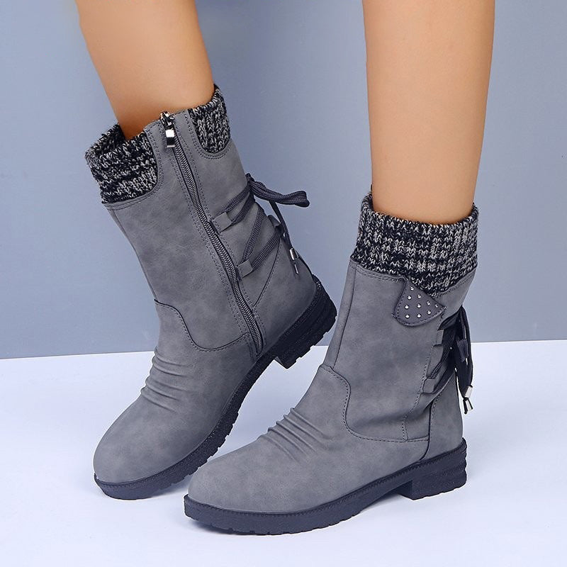 Vintage Knit Cuff Lace-Up Mid-Calf Boots