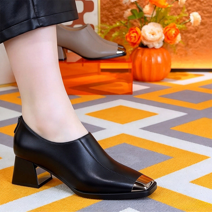 Metal Toe Cap Block Heel Shoes