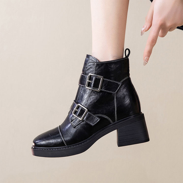 Double Buckle Block Heel Ankle Boots