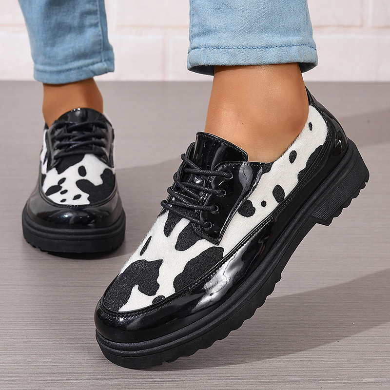 Cow Print Lace-Up Platform Loafers