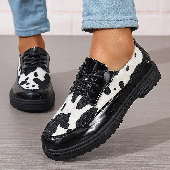 Cow Print Lace-Up Platform Loafers