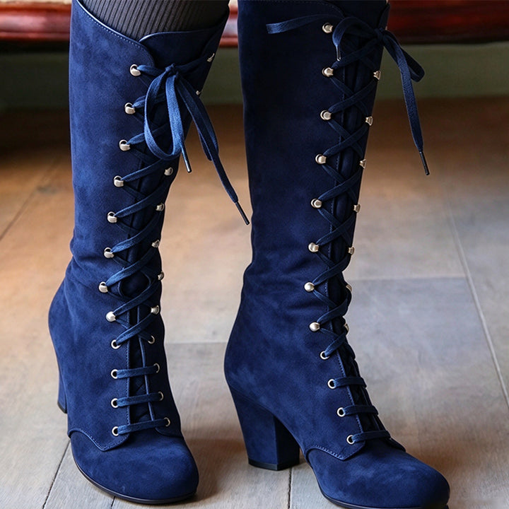 Vintage Lace-Up Suede Knee-High Boots