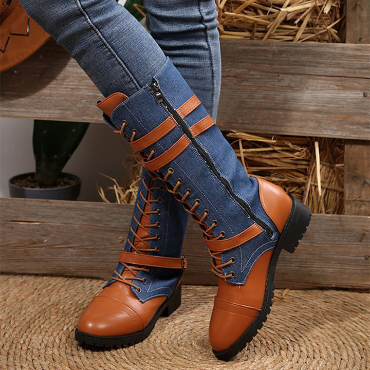 Vintage Denim Lace-Up Knee High Boots