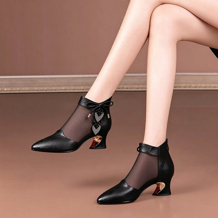 Rhinestone Bow Mesh Ankle Boots