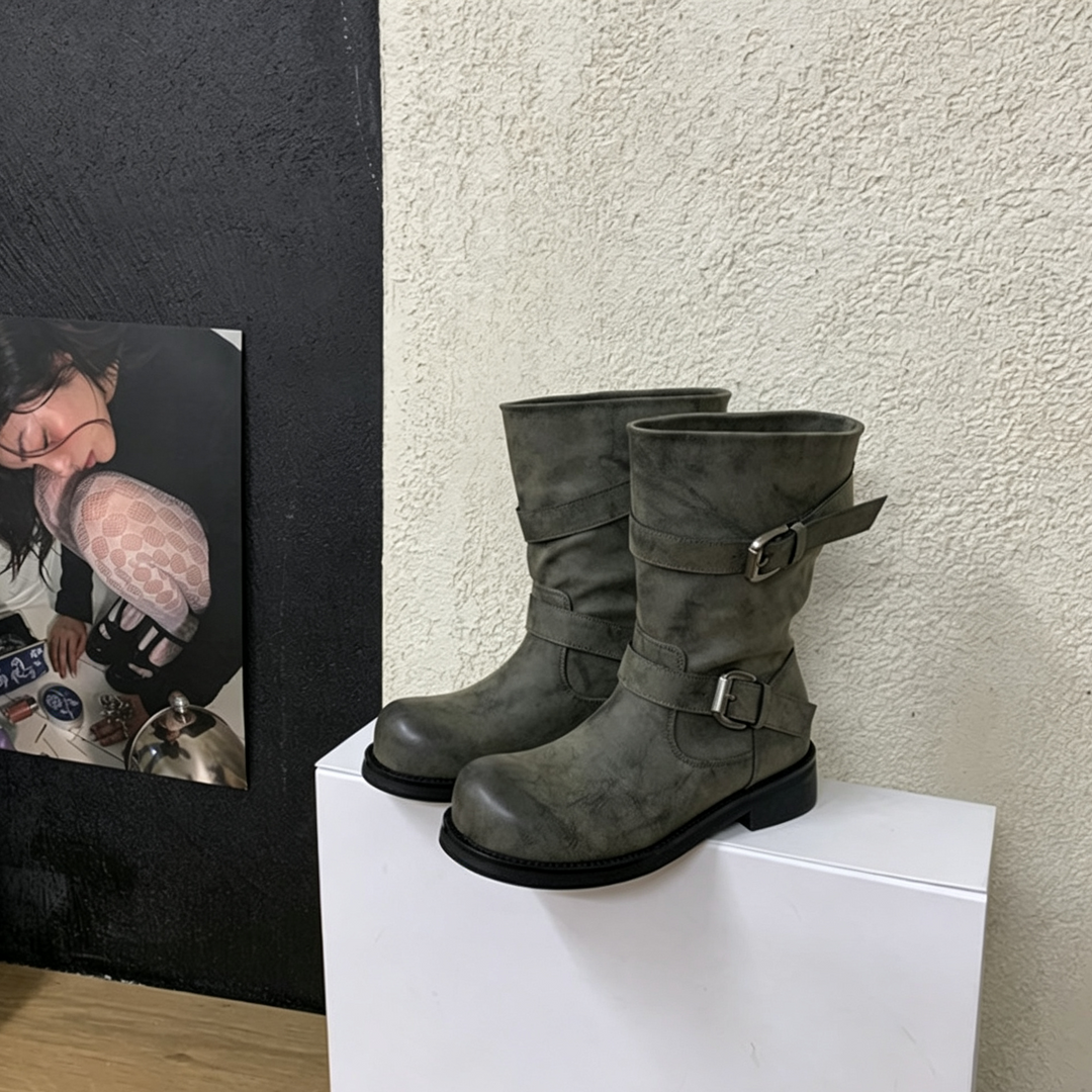 Vintage Double Buckle Mid-Calf Boots