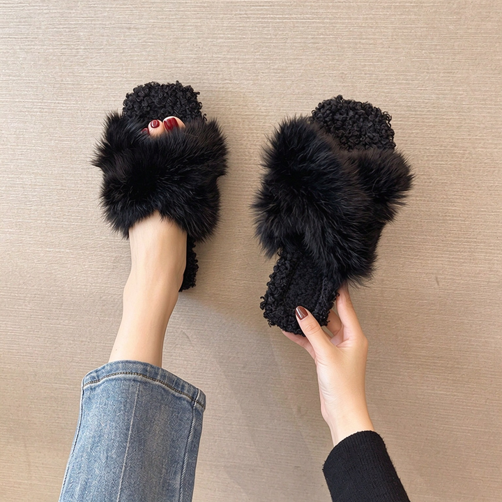 Fluffy Faux Fur Open-Toe Slide Slippers