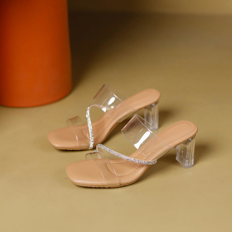 Crystal Strap Clear Block Heel Sandals