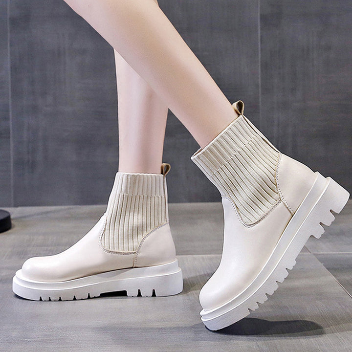 Knitted patchwork platform ankle boots