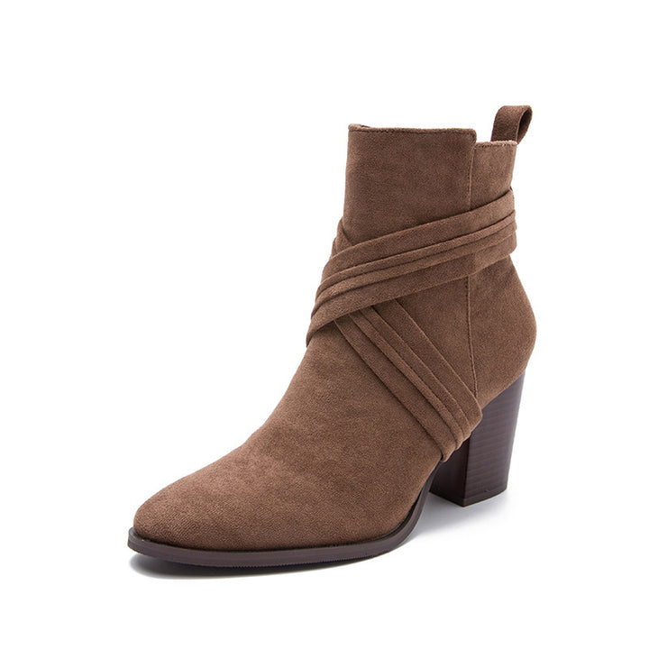Vintage Suede Wrap Strap Block Heel Ankle Boots