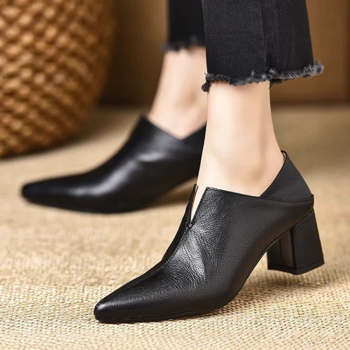 Elegant V-Cut Pointed Toe Block Heel Pumps