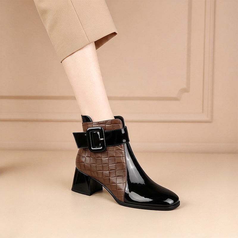 Quilted Buckle Block Heel Ankle Boots