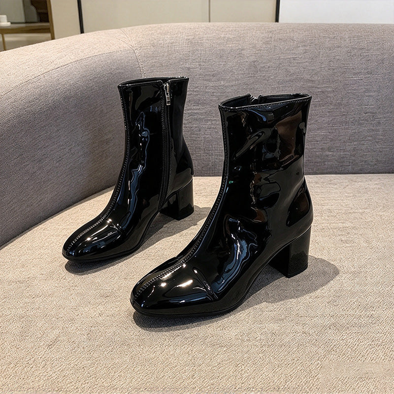 Patent Leather Block Heel Ankle Boots