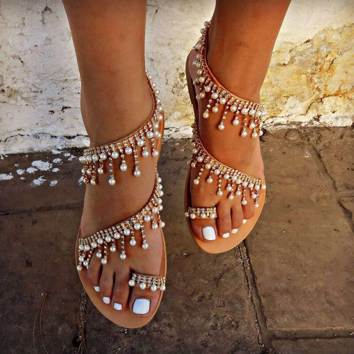 Pearl Rhinestone Toe Ring Flat Sandals