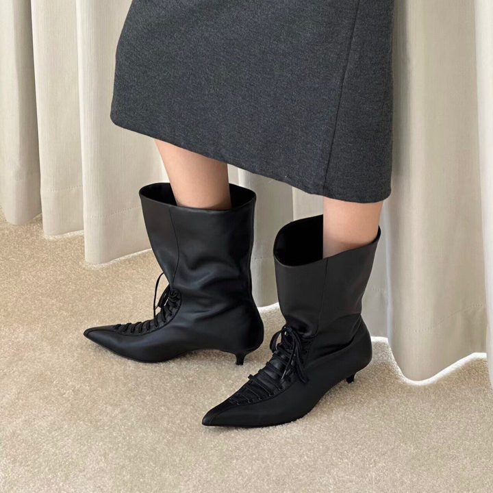 Vintage Lace-Up Pointed Toe Mid-Calf Boots