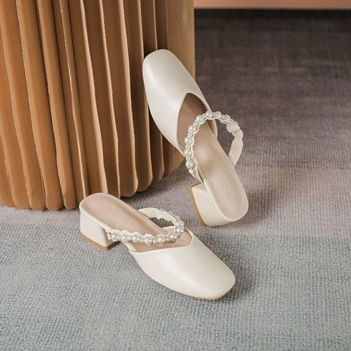 Pearl Strap Block Heel Mules