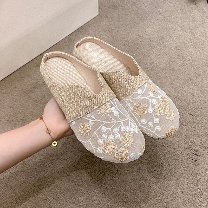 Floral Embroidered Linen Mules