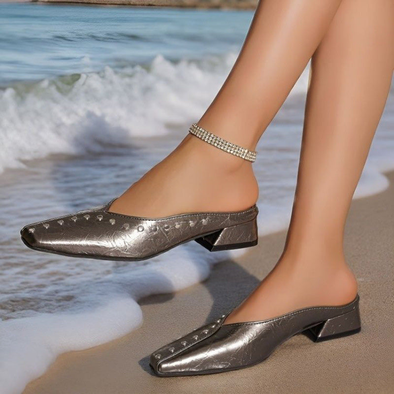 Rhinestone Square-Toe Mule Loafers
