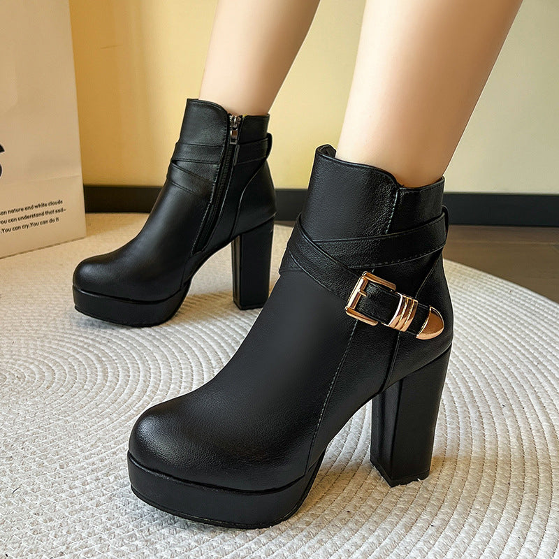 Buckle Strap Platform Block Heel Ankle Boots