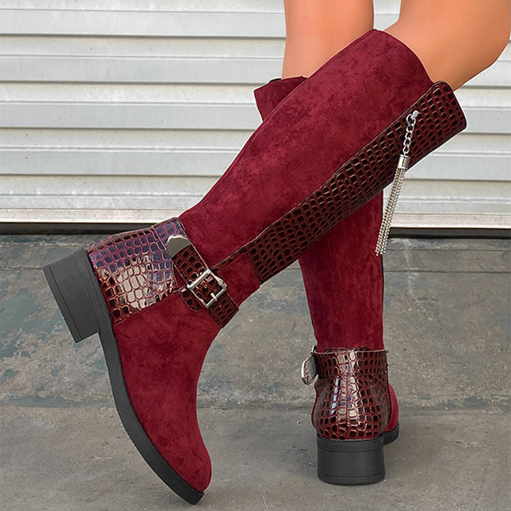 Vintage Buckle Patchwork Knee-High Boots