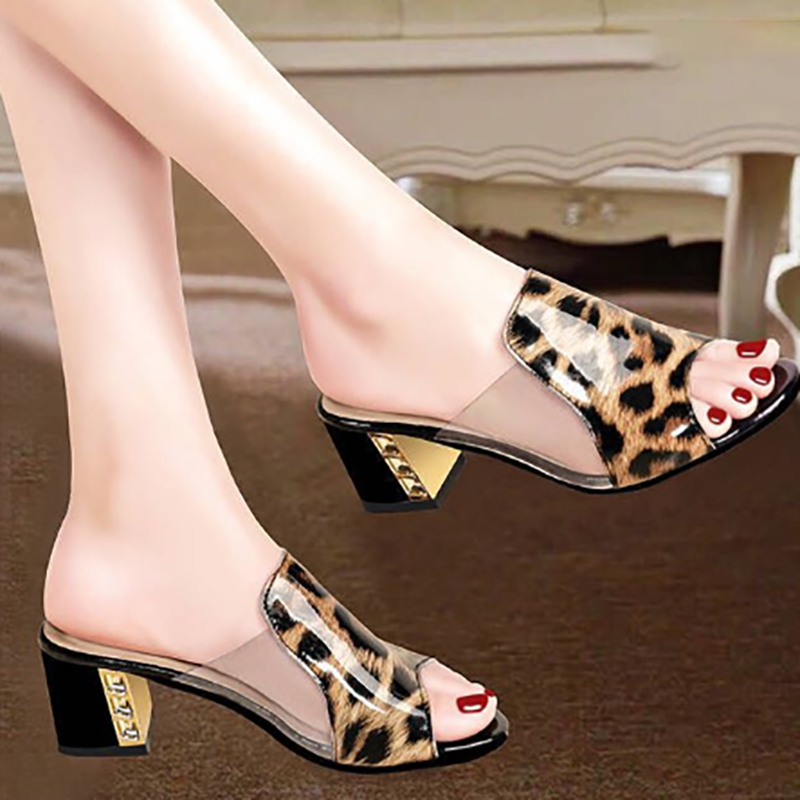 Leopard Block Heel Slides