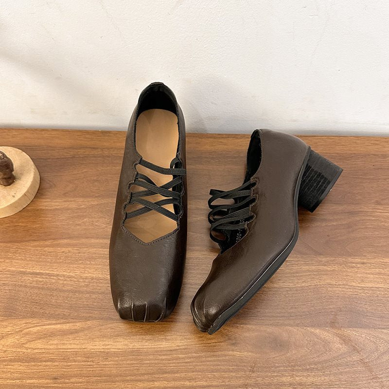 Vintage Lace-Up Square Toe Block Heel Pumps