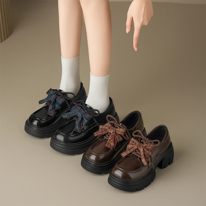 Plaid Bow Chunky Platform Loafers