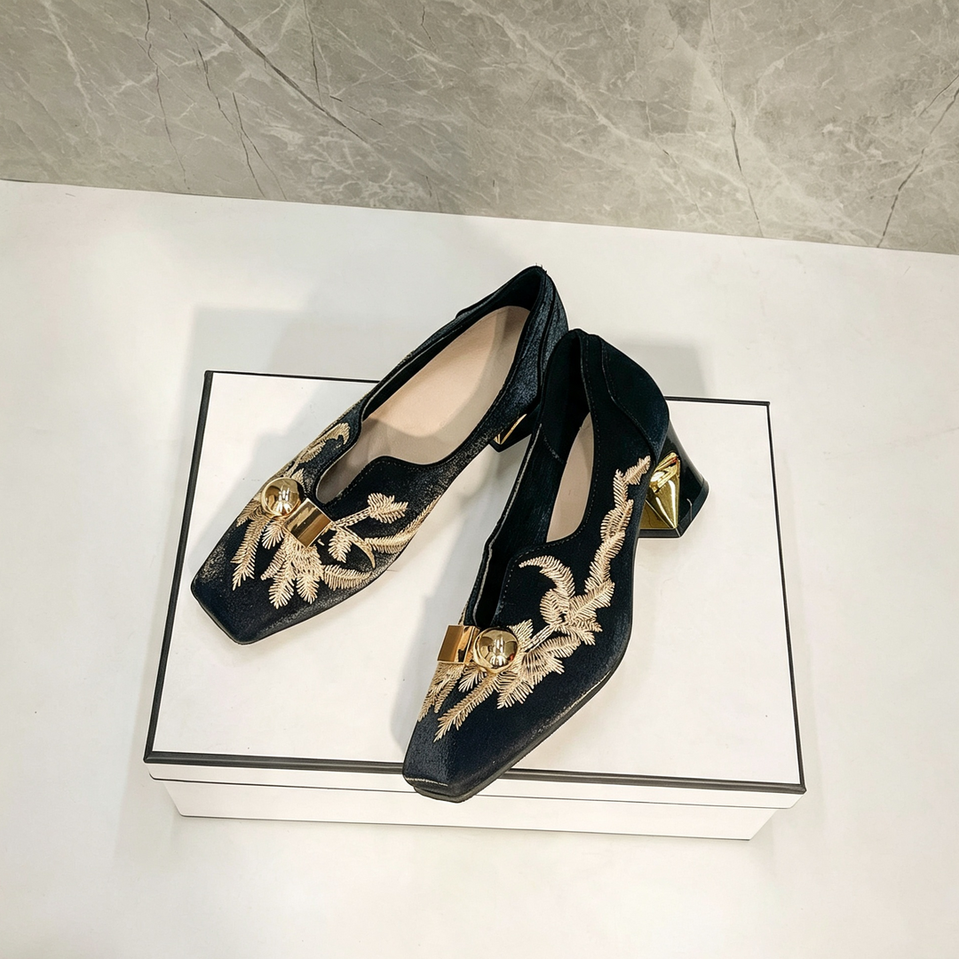 Embroidered Metallic Block Heel Pumps
