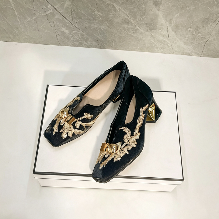 Embroidered Metallic Block Heel Pumps