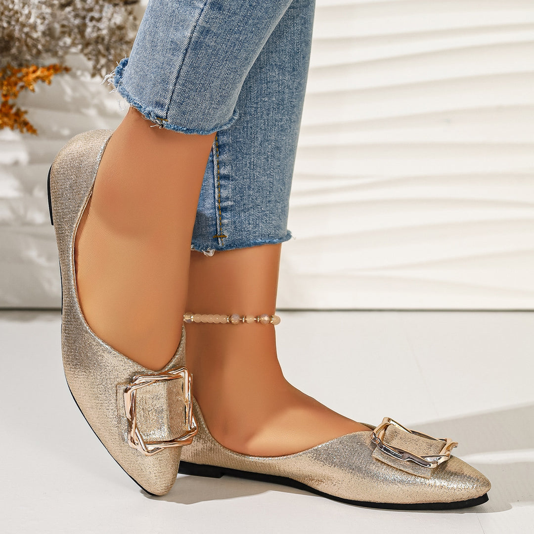 Silver Metallic Pointed Toe Buckle Flats