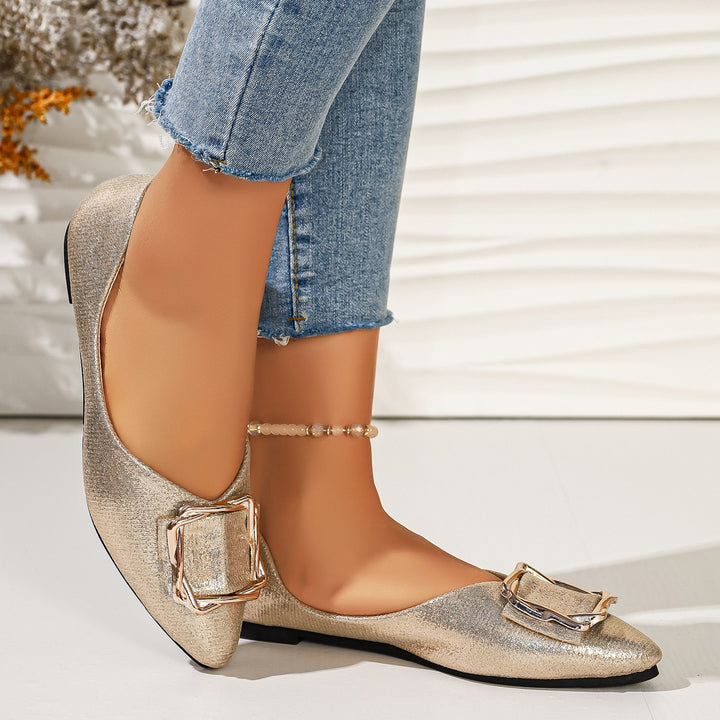Silver Metallic Pointed Toe Buckle Flats
