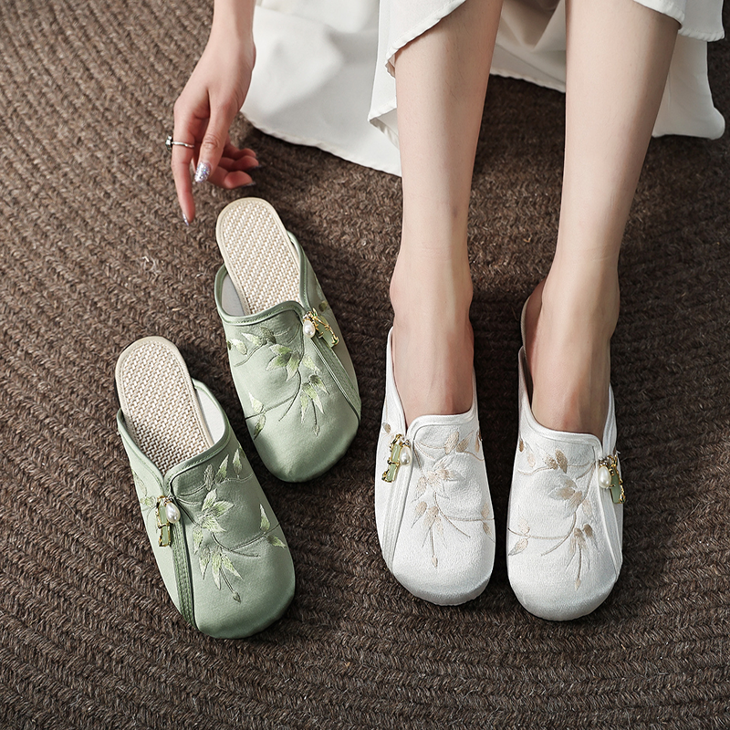 Embroidered Pearl Slip-On Mules