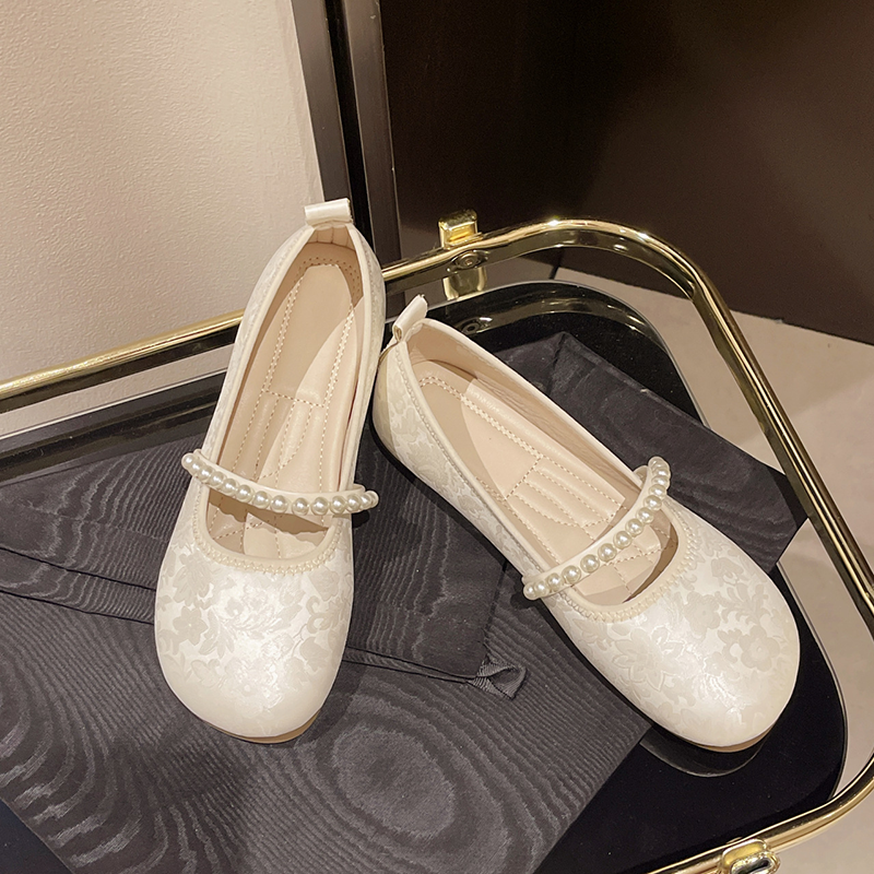 Pearl Strap Jacquard Mary Jane Flats