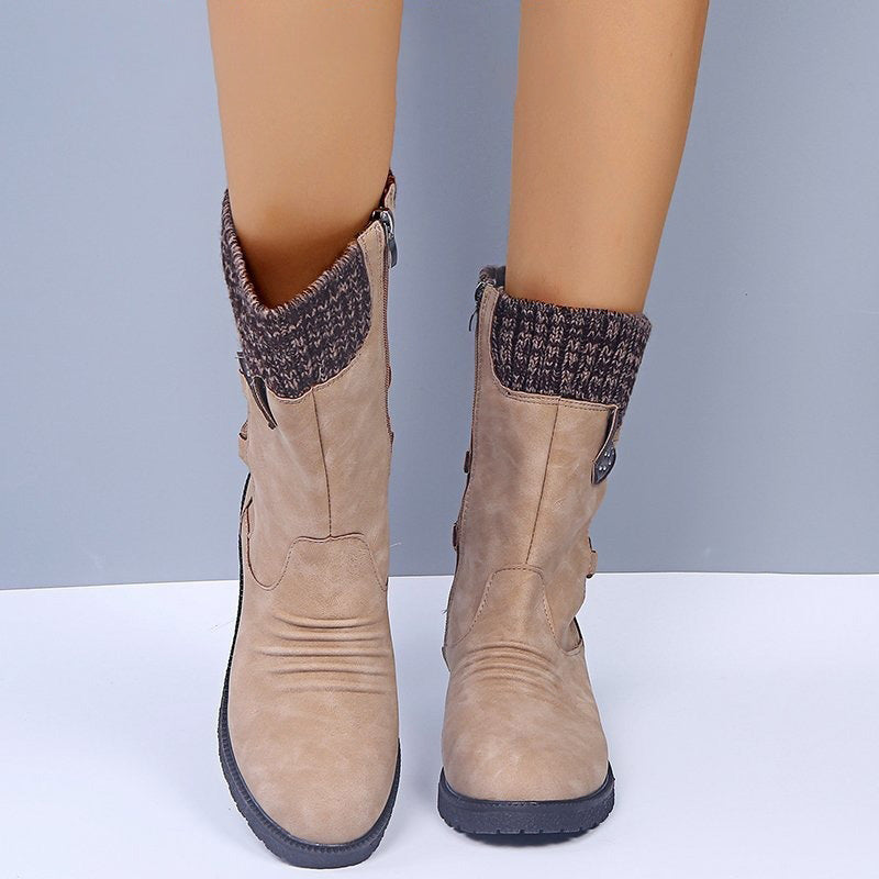 Vintage Knit Cuff Lace-Up Mid-Calf Boots