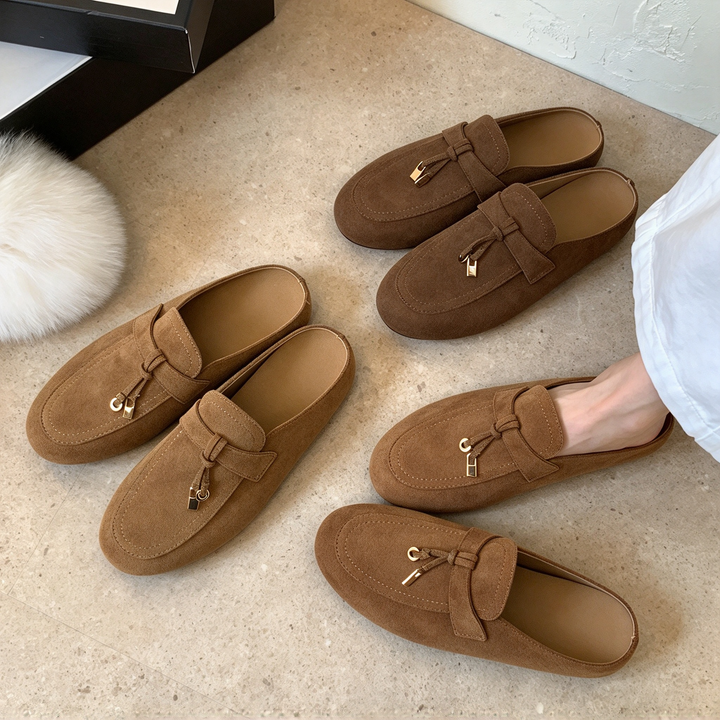 Suede Buckle Loafer Mules