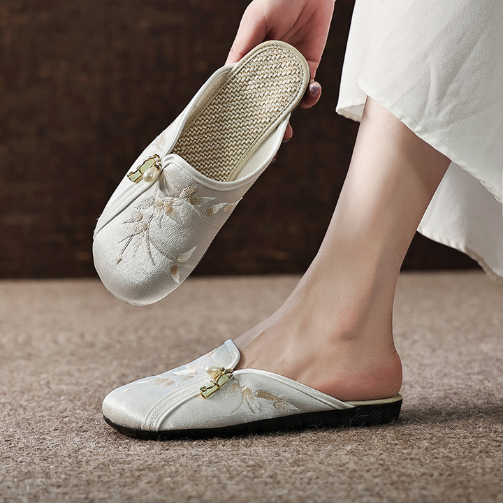 Embroidered Pearl Slip-On Mules