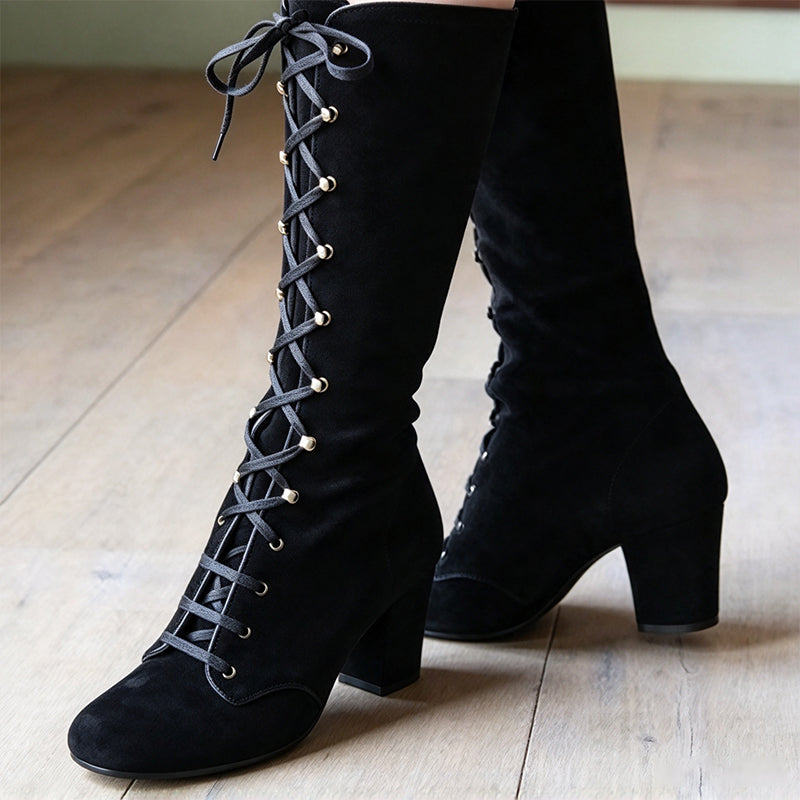 Vintage Lace-Up Suede Knee-High Boots