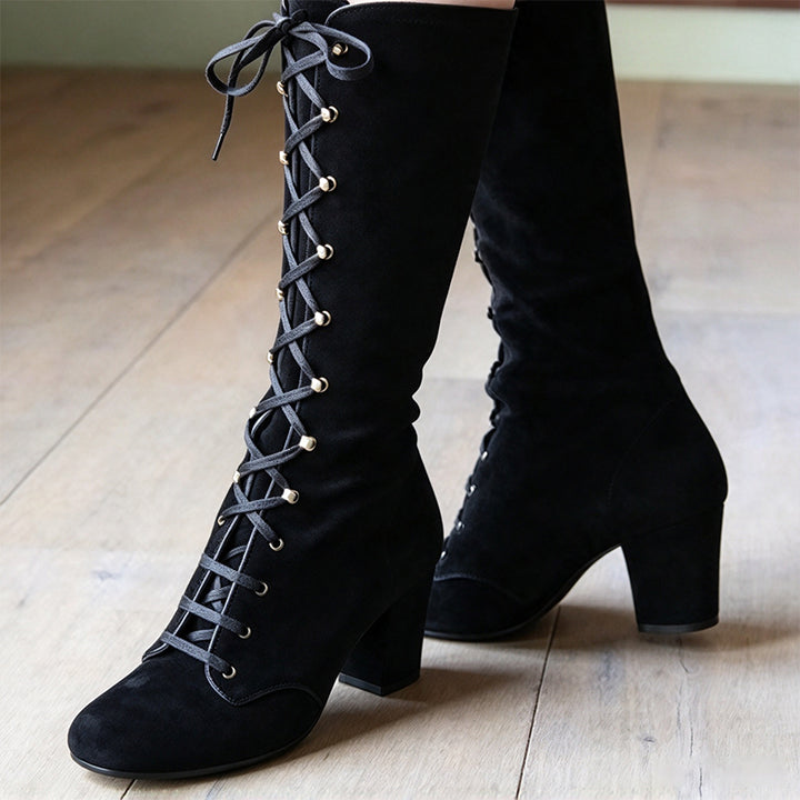 Vintage Lace-Up Suede Knee-High Boots