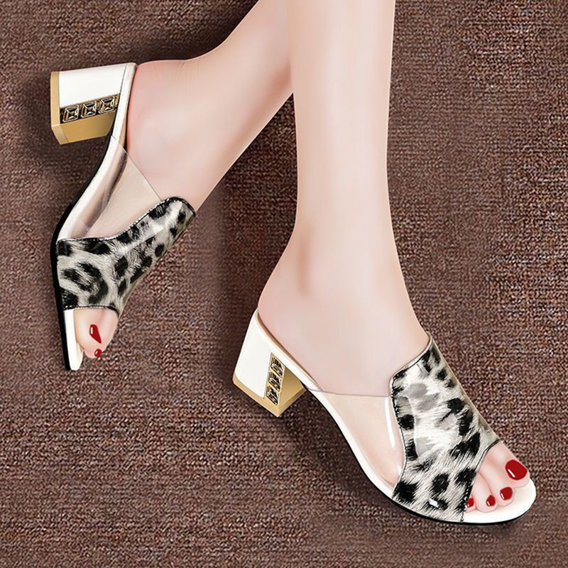 Leopard Block Heel Slides