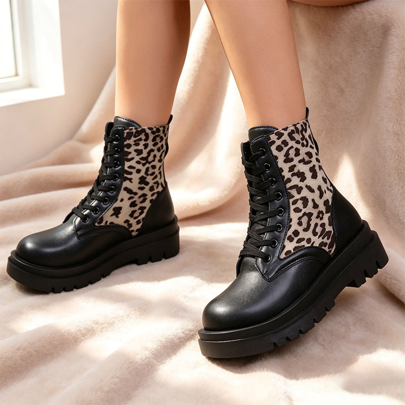 Leopard Print Lace-Up Platform Ankle Boots