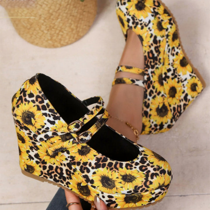 Skull Rose Print Platform Wedge Mary Jane Shoes