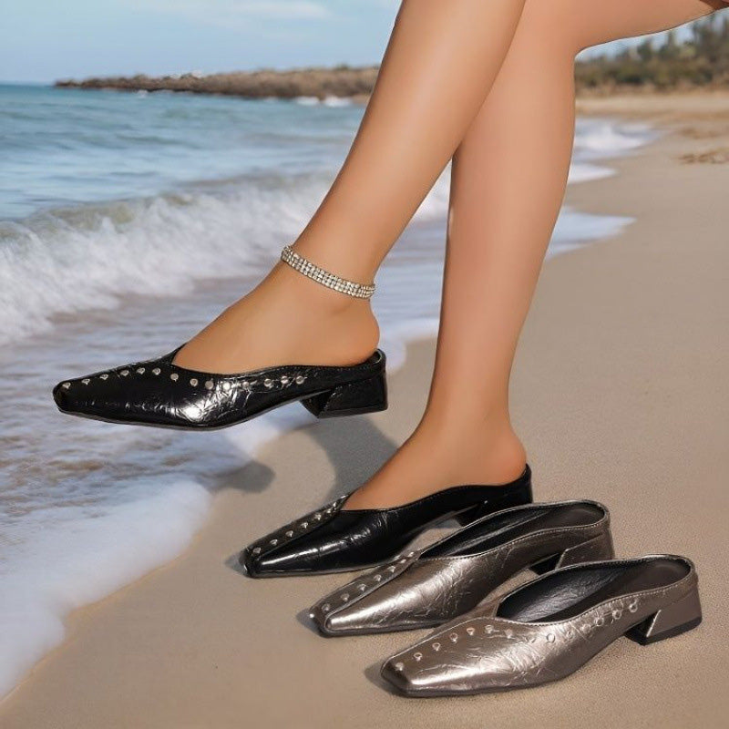 Rhinestone Square-Toe Mule Loafers