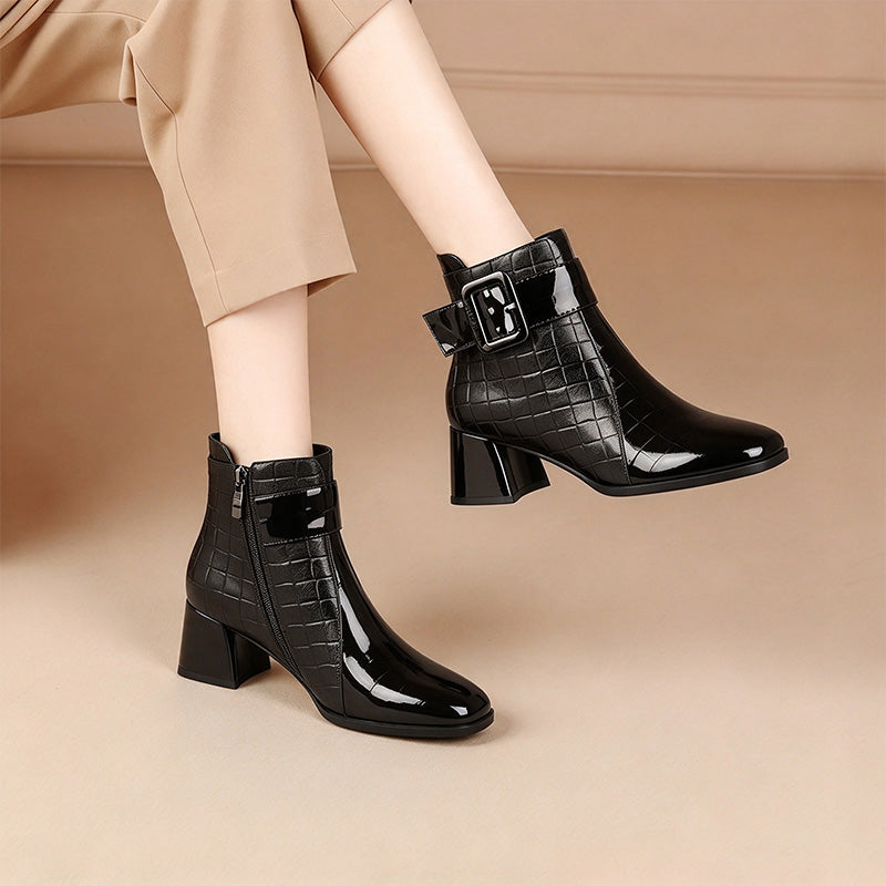 Quilted Buckle Block Heel Ankle Boots