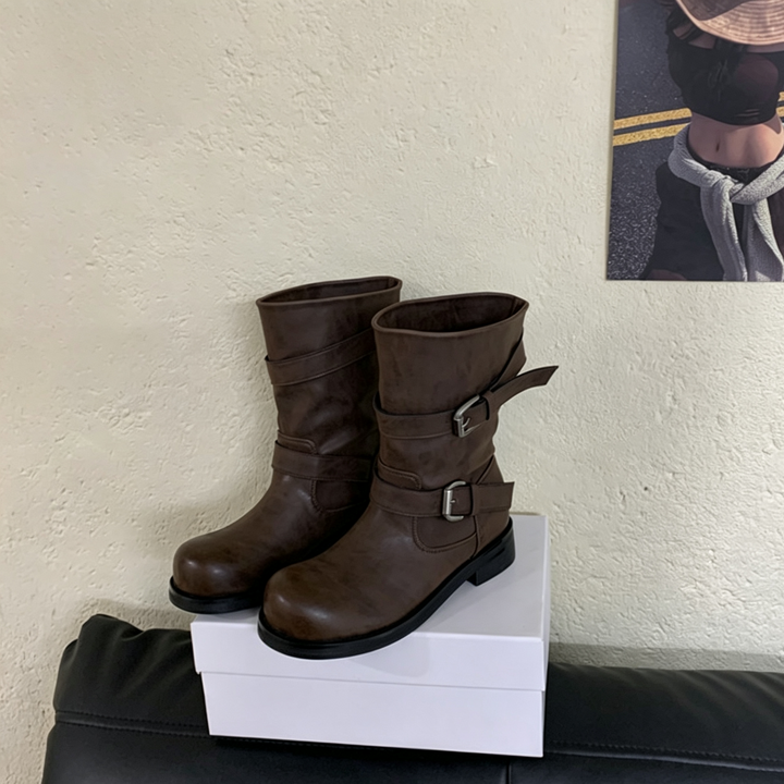 Vintage Double Buckle Mid-Calf Boots