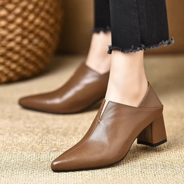 Elegant V-Cut Pointed Toe Block Heel Pumps