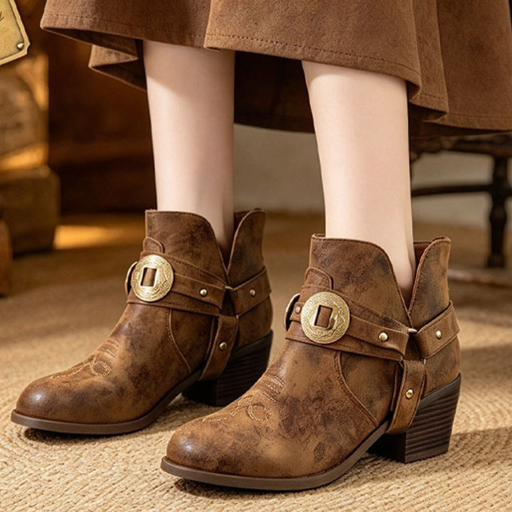 Vintage Buckle Western Ankle Boots