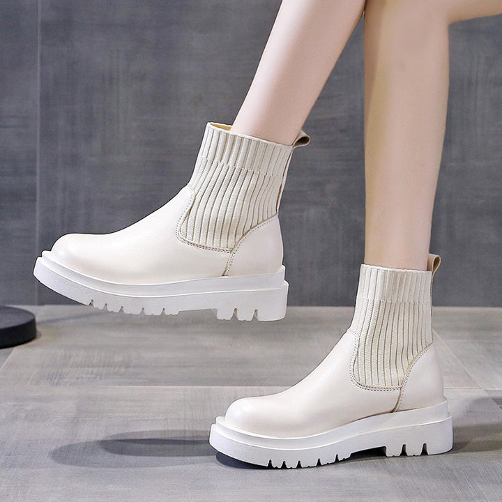 Knitted patchwork platform ankle boots