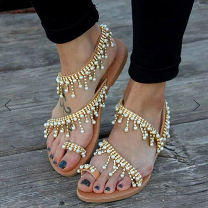 Pearl Rhinestone Toe Ring Flat Sandals